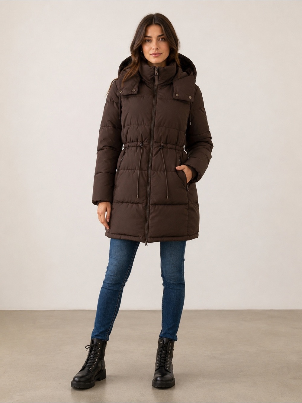 DKNY Women’s Black Hooded Long Puffer Coat Size M Drawstring Waist
